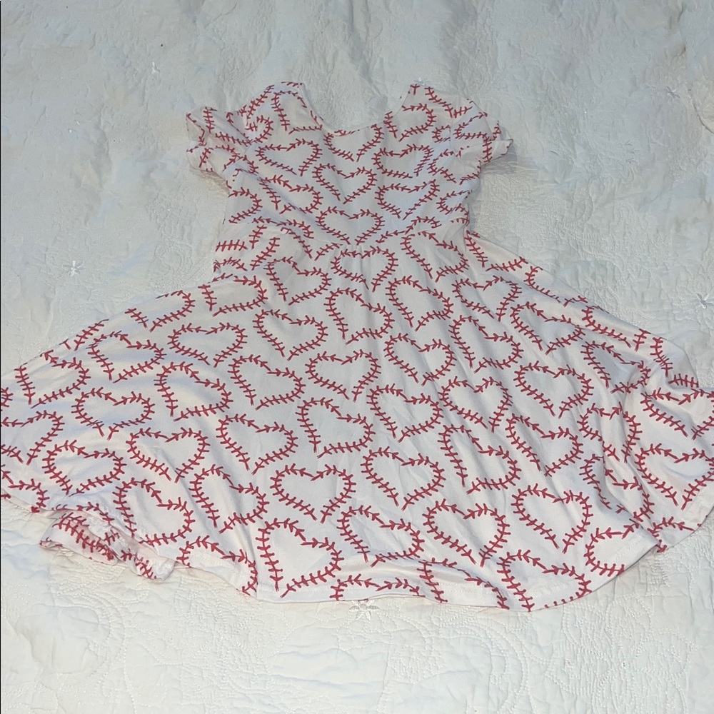 Size 3XL (7/8yo) White Dress with Red Heart baseball Pattern
